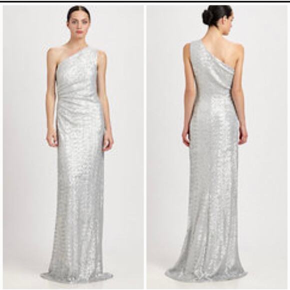 Carmen Marc Valvo One Shoulder Sequined Gown Silver Size 10 - Picture 1 of 5